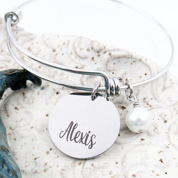 The Bride Set - Personalized Bridesmaid Bangle Bracelet - Silver